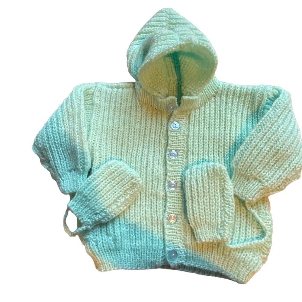 Vintage Handmade Baby toddler Mint Green Button Down Hoodie With Mittens NWOT